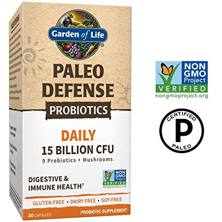 Garden of Life Paleo Defense Probiotics Daily 15 Billion CFU, 30 Capsules - 9 Paleo Probiotics & Mushrooms, Digestive & Immune Health Probiotic Supplement, Non-GMO, Gluten Free, Dairy & Soy Free