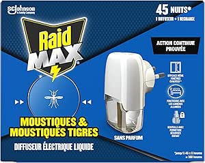 Raid Max Prise Anti-Moustiques Electrique Liquide - Moustiques et Moustiques Tigres 45 Nuits - 1 Diffuseur   1 Recharge - Sans Parfum