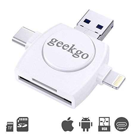 Geekgo SD Card Reader,Memory Micro SD USB C Card Adapter Viewer for iPhone iPad Android Apple Mac,Compatiable with Lightning Micro USB Type C 4 in 1 (White)