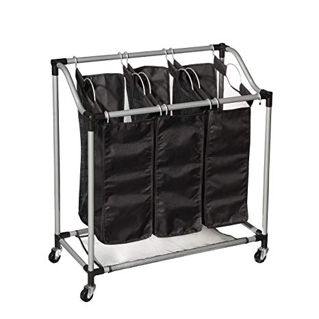 Hamilton Beach 83100 3 Section Laundry Sorter and Hamper 3 Mesh Machine-Washable Bags with Handles and Wheels, Black