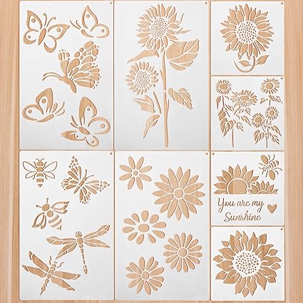 8 Pieces Sunflower Butterflies Painting Stencils for Painting on Wood Flower Butterfly Stencil Kit for Painting on Wall Canvas You are My Sunshine Reusable Plastic Template for Door Home Decoration