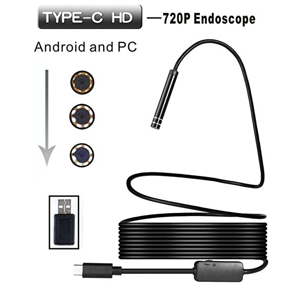 USB Type-C Endoscope, 2017 NEW 8mm Borescope Inspection Camera with 8pcs LED Adjustable Brightness 2.0 Megapixels HD Snake Camera for PC,Laptops Windows system .Samsung S8.Huawei V9.Google pixel(5M)