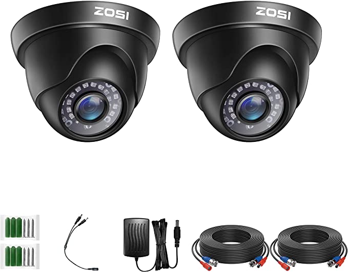 ZOSI 2 Pack 2MP 1080p HD-TVI Home Security Camera Outdoor Indoor 1920TVL, 24PCS LEDs, 80ft Night Vision, 90°View Angle, Weatherproof Surveillance CCTV Black Dome Camera