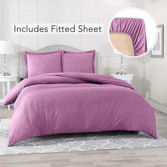 Nestl Bedding Duvet Cover with Fitted Sheet 3 Piece Set - Soft Double Brushed Microfiber Hotel Collection - Comforter Cover with Button Closure, Fitted Sheet, 1 Pillow Sham, Twin - Lavender Dream