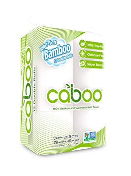 Caboo Tree-Free Bamboo Toilet Paper, Septic Safe Biodegradable Bath Tissue, Eco Friendly Soft 2 Ply Sheets, 300 Sheets Per Roll, 12 Double Rolls