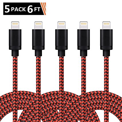 iPhone Charger Cable Xcords Charger Cord 5Pack 6ft Nylon Braided Syncing and Charging Lightning Cable Compatible with iPhone 8/8PLUS/X/7/7 plus/SE/5/6/6s/Plus/iPad Mini/Air/Pro(redblack)