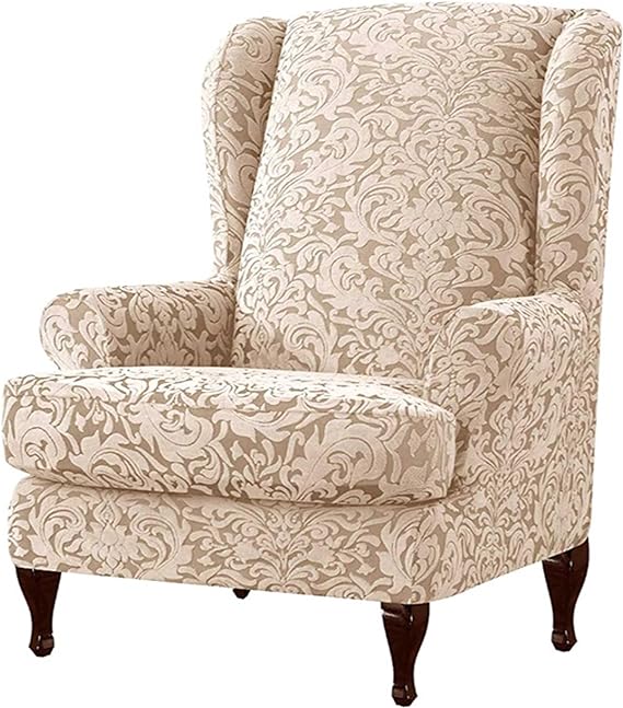 Morbuy Wingback Chair Covers 2 Piece, Wingback Chair Slipcover, Stretch Wingback Chair Cover, Jacquard Back Chair Covers with Arms, Washable Chair Covers for Room Living Room Armchair (Khaki)