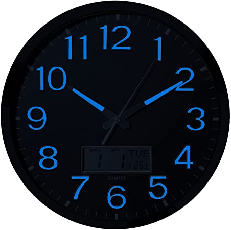 Luminous Wall Clock - 14’’ Extra Large Wall Clocks with Glowing Function LCD Display - Silent Movement for Kitchen Bedroom - Digital Wall Clocks Display Date Week Temp - Battery Operated (Blue Light)