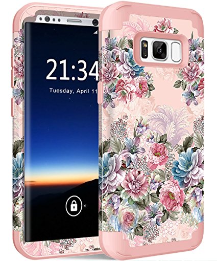 Galaxy S8 Case, Hocase Drop Protection Shock Absorbing Silicone Rubber Bumper Hard Shell Hybrid Dual Layer Full-Body Protective Case for Samsung Galaxy S8 (5.8") 2017 - Peony Floral Print/Rose Gold