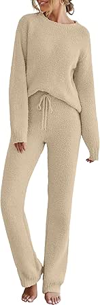 MEROKEETY Womens Fuzzy Fleece Long Sleeve 2 Piece Loungewear Outfits Sweater Pants Pajama Sets