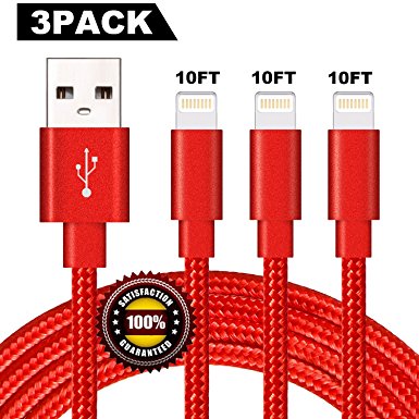 BULESK Lightning Cable 3Pack 10FT Nylon Braided Certified Lightning to USB iPhone Charger Cord for iPhone X 8 7 Plus 6S 6 SE 5S 5C 5, iPad 2 3 4 Mini Air Pro, iPod Nano 7 Red
