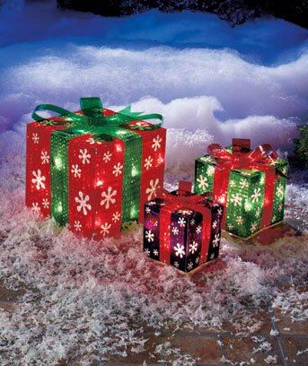 Set of 3 Lighted Gift Boxes Snowflakes Red Green Purple Yard Decoration Christmas
