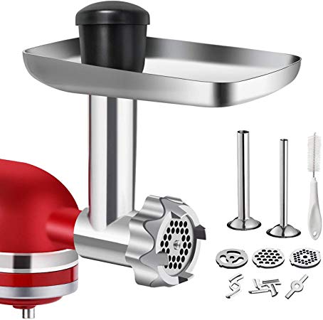 Metal Food Grinder Attachment for KitchenAid Stand Mixers, G-TING Stainless Steel Meat Grinder Attachment Included 2 Sausage Stuffer Tubes, 3 Grinding Blades, 3 Grinding Plates