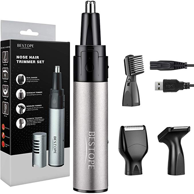 Rechargeable Nose Hair Trimmer,BESTOPE 4 in 1 Nose and Ear Hair Trimmer Clippers Removal,Professional Electric Eyebrow and Facial Hair Trimmer with Waterproof Blade for Easy Cleansing