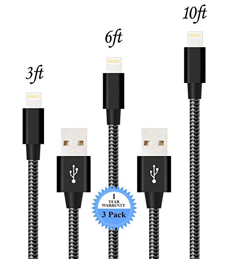 LOVRI 3pack 3ft 6ft 10ft Nylon Braided Charging Cable Cord 8Pin Lightning to USB Cable Charger Compatible with iPhone 7/ 7 Plus/6/6s/6 plus/6s plus, iPhone 5/5s/5c,iPad, iPod and More (Black Gray)