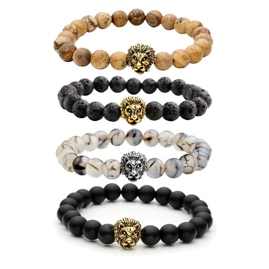 Top Plaza Jewelry Lava Rock Turquoise Matte Agate Picture Jasper Mens Womens Bracelet, Energy Beads, Gold Plated Lion Head