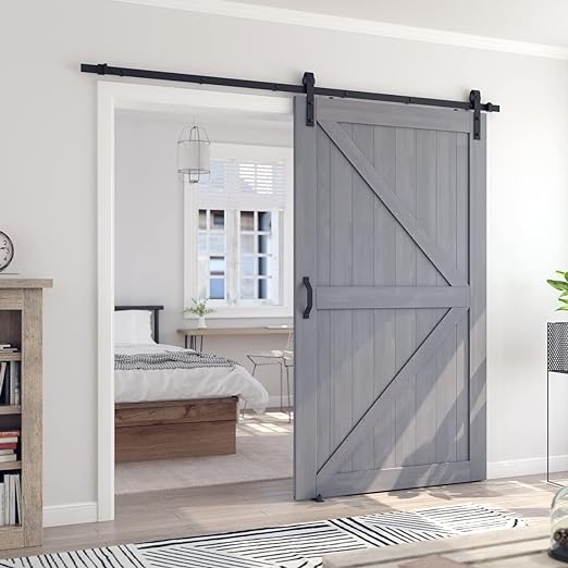 SMARTSTANDARD 48in x 84in Sliding Barn Door with 8ft Barn Door Hardware Kit & Handle, Pre-Drilled Ready to Assemble, DIY Unfinished Solid Spruce Wood Panelled Slab, K-Frame, Grey