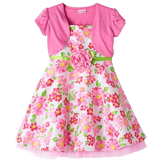 Youngland Girl Pink Floral Dual Strap Sleeveless Dress & Shrug Set