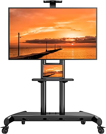 Perlegear Mobile TV Stand, Rolling TV Cart for 55-90 inch Flat/Curved TVs up to 200 lbs, Adjustable Rolling TV Stand with Camera Shelf, Floor Tv Stand on Wheels, Max VESA 800x500mm, PGTVMC07