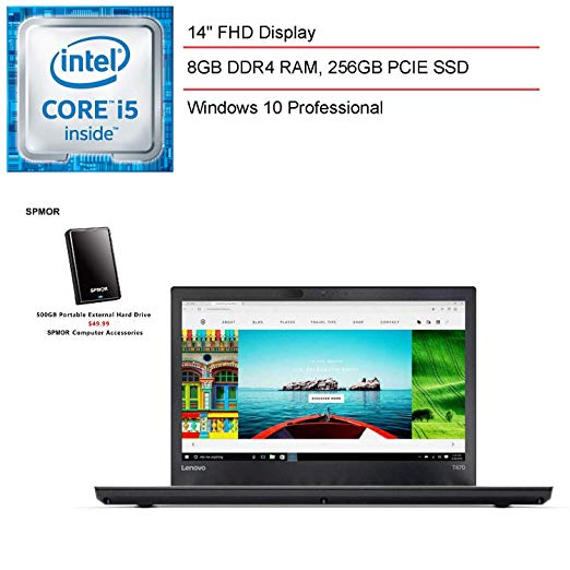 2020 Lenovo ThinkPad T470 14" FHD Business Laptop Computer, Intel Core i5-6300U Up to 3.0GHz, 8GB DDR4 RAM, 256GB PCIE SSD, 802.11ac WiFi, Windows 10 Pro  SPMOR 500GB Portable External Hard Drive