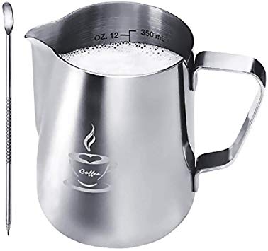 Stainless Steel Milk Jug 350ml/12oz, Milk Frothing Jug, Milk Steaming Pitcher Perfect Size for Coffee Machine, 2 Cappuccino Cups,Coffee Pen for Latte Art, Easy to Clean, Silver