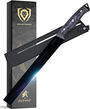 DALSTRONG Delta Wolf Series Knife - Ultra-Thin & Zero Friction Blade - HC 9CR18MOV Steel - Black Titanium Nitride Coating - G10 Camo Handle - Leather Sheath (Slicer)