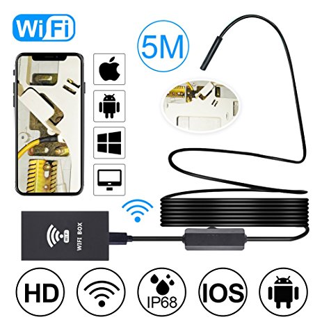 Wireless Endoscope, AMZTOP 2 Megapixels HD1200P Wifi USB Borescope, IP68 Waterproof Inspection Camera, Semi-rigid Flexible Snake Camera for Android, iPhone, Samsung, Tablet, PC, 16.4 Foot/5 Meters