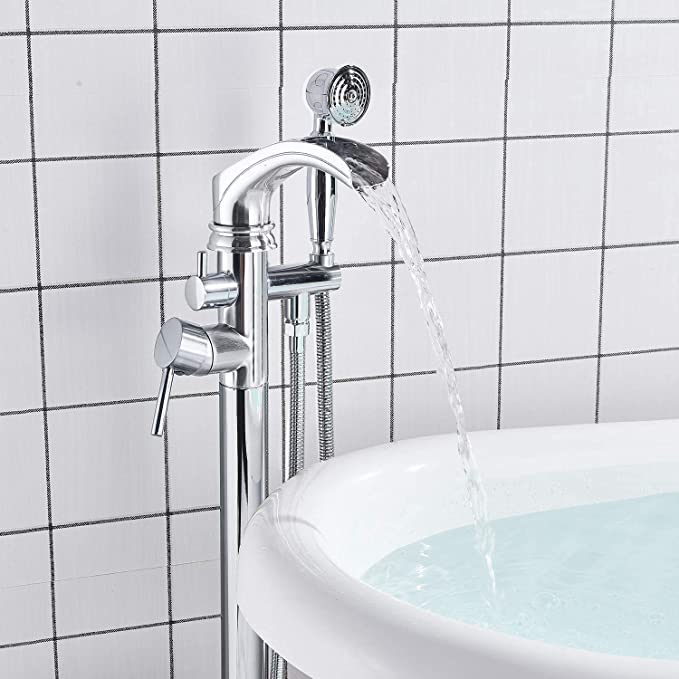 Senlesen Bathroom Single Handle Freestanding Bathtub Faucet Floor Mounted Waterfall Tub Filler with Hand Shower Set Chrome Polished