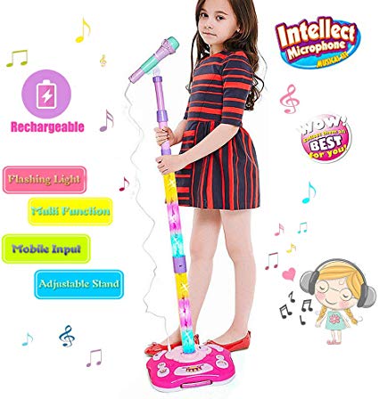 FillADream Kids Rechargeable Karaoke Machine, Kids Microphone Music Toy Play Set with Microphones & Adjustable Stand Bright Colorful Light, Connect to Electronic Devices for Music