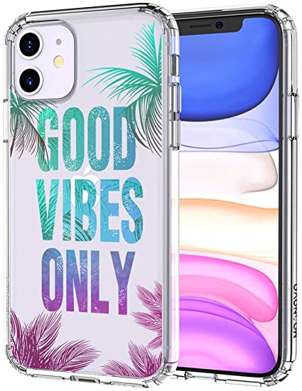 MOSNOVO iPhone 11 Case, Good Vibes Only Quotes Tropical Leave Pattern Clear Design Transparent Plastic Hard Back Case with TPU Bumper Protective Case Cover for Apple iPhone 11 (2019)