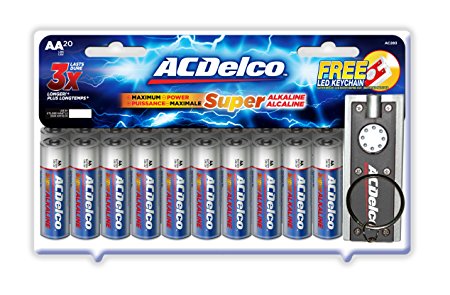 ACDelco AA Super Alkaline Batteries with Bonus LED Keychain Flashlight, 20-Count