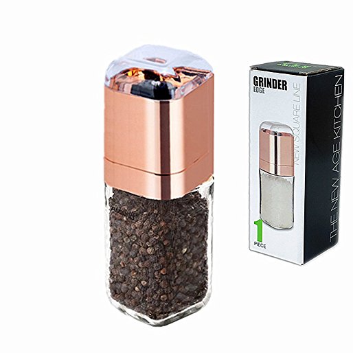 XNWYTECH Premium Thickened Glass Pepper Grinder, 6 Ounce Volume Tall Body with Adjustable Ceramic Rotor, Unique Square Design Salt or Pepper Mill for Kitchen (1 Piece, Rose Gold)