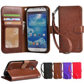 S4 Case Arae Samsung Galaxy S4 wallet case Wrist Strap Flip Folio Kickstand Feature PU leather wallet case with IDampCredit Card Pockets For Samsung Galaxy S4 I9500 Brown