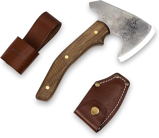 BPS Knives Bushcraft Axe with Leather Sheath - Full Tang Camping Axe - Survival Carbon Steel Hatchet - Small Wood Carving Axe - Camping Axe for Chopping Wood and Gardening