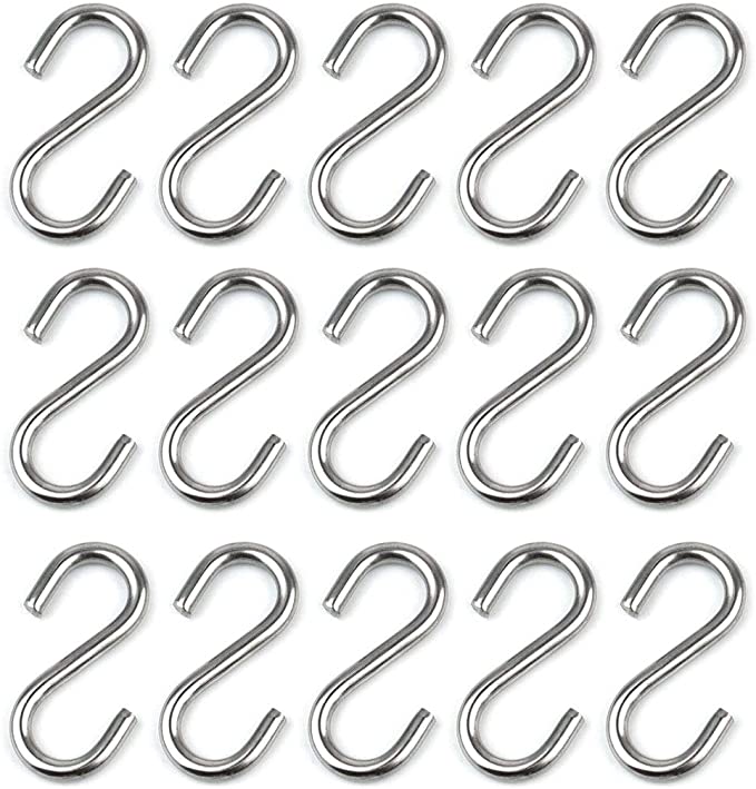 15 Pack Heavy Duty Stainless Steel S Shaped Hooks 2.2 Inch Long 1/5 Inch Thickness S Metal Hooks