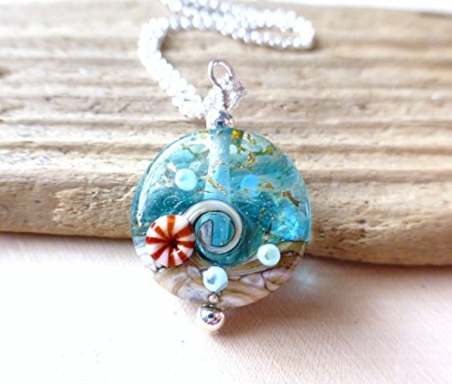 Ocean Wave Necklace, Nautical Lampwork Pendant Necklace, Aqua Teal Blue Waters Bead, Beach Jewelry