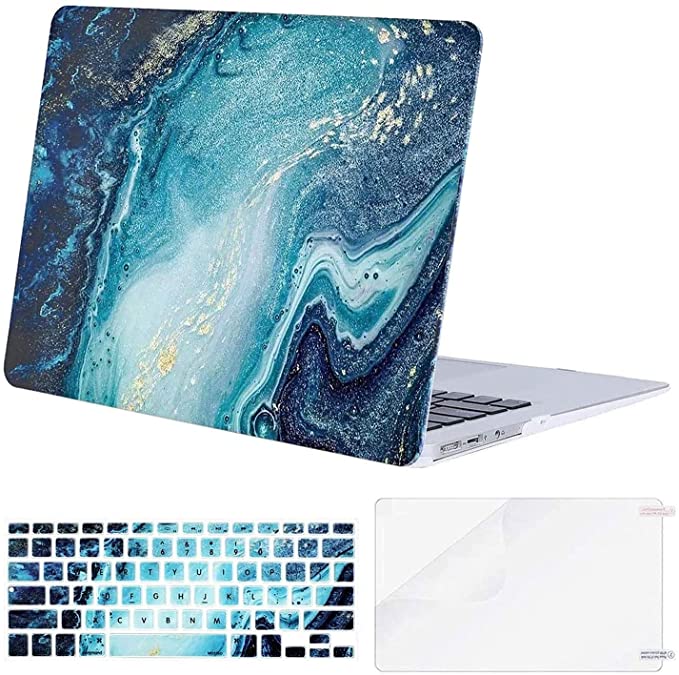 MOSISO Compatible with MacBook Air 11 inch Case (Models: A1370 & A1465), Plastic Creative Wave Marble Hard Shell Case & Keyboard Cover Skin & Screen Protector, Blue