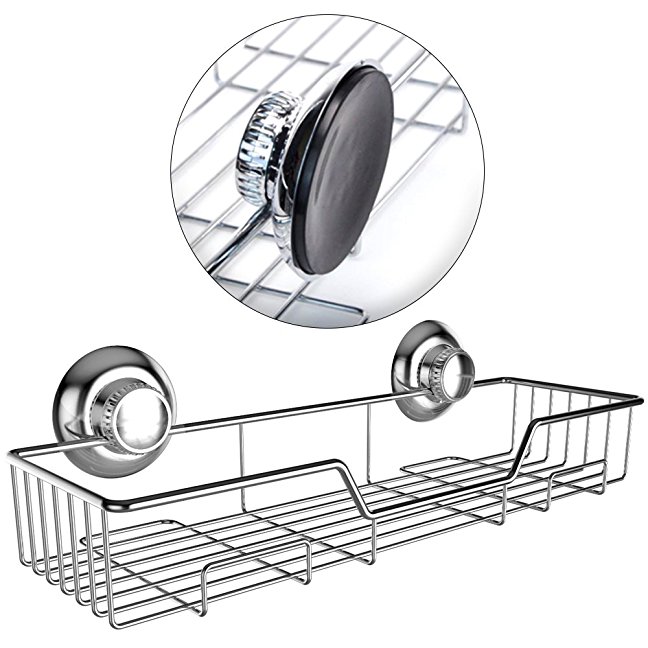 Gecko-Loc Shower Shelf Basket Caddy w Suction Cups Stainless Steel Chrome for Your Bathroom