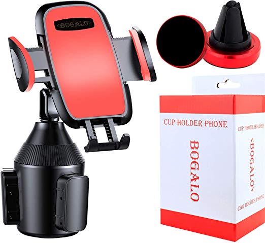 Cup Phone Holder for Car - Goose Neck Smartphone Mount, Phone Air Vent Holder - Stylish Red Color - Compatible with iPhone, Android Phones - Adjustable Base Phone Stand 360 - Degree Rotation BOGALO