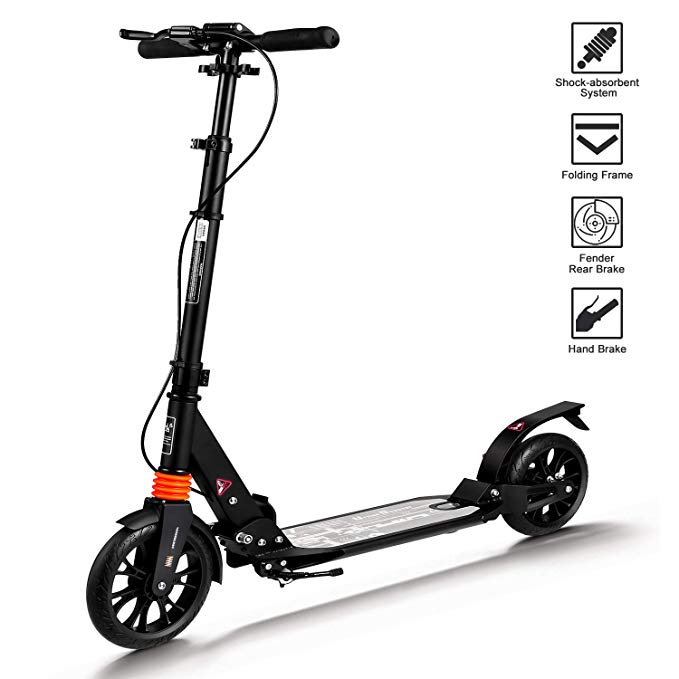 Adult Scooter 2019 Upgraded Kick Scooter Height-Adjustable Foldable Dual Suspension Rear Fender Brake Lightweight Aluminium Alloy Commuter 220lb Max Load Big Wheels Scooter for Adults Teens Kids