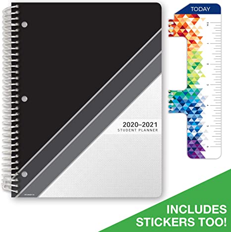 Dated Middle School or High School Student Planner for Academic Year 2020-2021 (Matrix Style - 8.5"x11" - Black Stripe Cover) - Bonus Ruler/Bookmark and Planning Stickers