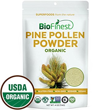 Biofinest Pine Pollen Powder - 100% Pure Wild Freeze-Dried Superfood - USDA Certified Organic Raw Vegan Non-GMO - Boost Energy Stamina Digestion - For Smoothie Beverage Blend (4 oz)