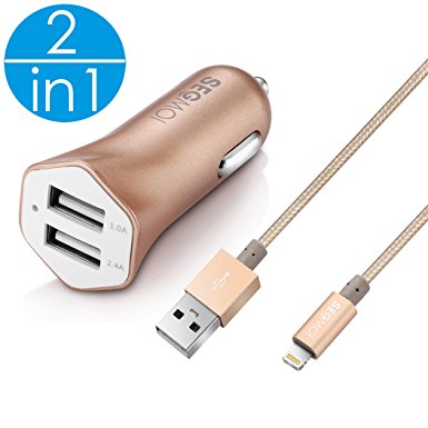 2in1 SEGMOI [Apple MFi Certified] 3Ft/1M Lightning Braided Cable   3.4A Car Charger for iPhone 7 7 Plus 5 5s SE 6 6S 6Plus iPad 2 3 Air Pro (Gold Kit)