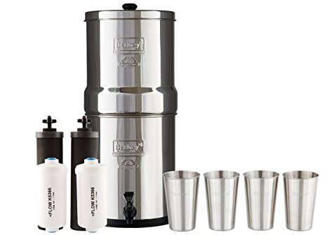 Big Berkey Water Filter System with 2 Black Purifier Filters (2 Gallons) Bundled with 1 Set of Fluoride Filters (PF2) and 4 12 Ounce Stainless Steel Cups for Drinking the Best Tasting Water