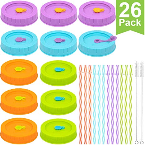 [26 Pack] Plastic WIDE Mouth Mason Jar Lids for Ball, Kerr, etc with Straw Hole/Straws/Silicone Rings/Stoppers/Clean Brush, Food-Grade Colored Mason/Canning Jar Drinking Lids/Food Storage Caps