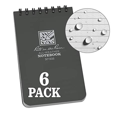 Rite in the Rain Weatherproof Top Spiral Notebook, 3" x 5", Gray Cover, Universal Pattern, 6 Pack (No. 835L6)