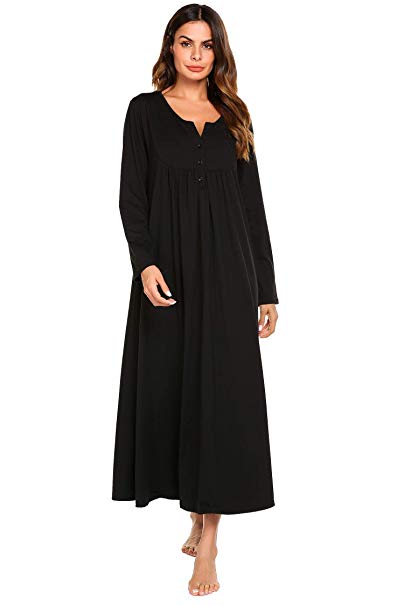 Skylin Women O-Neck Solid Long Robes Loose Full Length Nightgown Pregnant Nightdress S-XXL