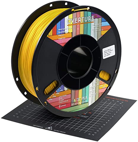 OVERTURE PLA Matte Filament 1.75mm with 3D Printer Build Surface 200mm × 200mm, Yellow Matte PLA Roll 1kg Spool (2.2lbs), Dimensional Accuracy  /- 0.05 mm, Fit Most FDM Printer