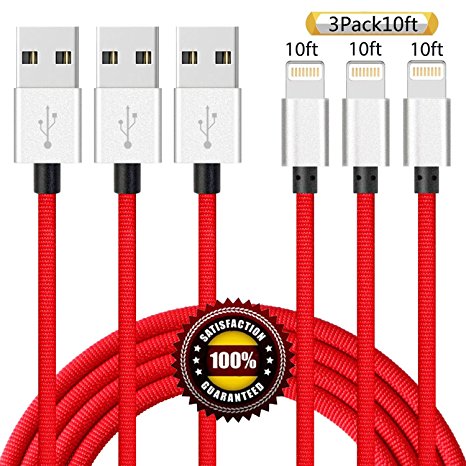 BULESK iPhone Cable 3Pack 10FT Nylon Braided Certified Lightning to USB iPhone Charger Cord for iPhone 7 Plus 6S 6 SE 5S 5C 5, iPad 2 3 4 Mini Air Pro, iPod Nano 7- (Red)