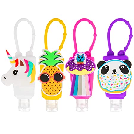 4 Sets Silicone Hand Cleaner Holders- Cartoon Keychain Carrier Bottle Holder with Hand Refillable Bottles Mini Detachable Kids Portable Plastic Leak Proof Liquid Soap Bottles for Travel Daily Use